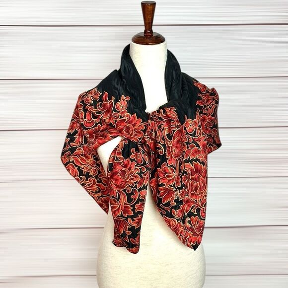 Jeannene Booher Silk Jacquard Scarf Black Red Gold Paisley Floral Hand Rolled - Picture 8 of 14